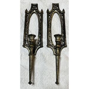 Vtg Pair Mid Century Syroco Style Spanish Gothic Candle Wall Sconces 18.5" Tall